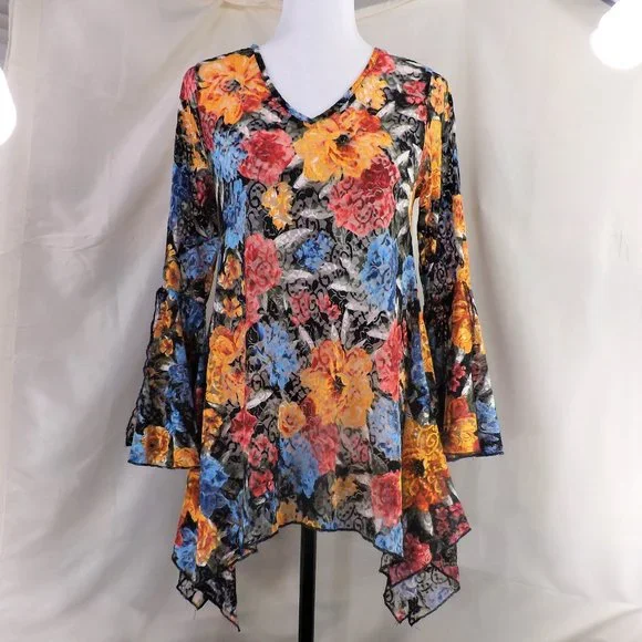 NWOT Dor Dor Couture Bursting Colors Huge Bell Cuffs w Flaring Skirt Tunic Top S - Picture 4 of 16